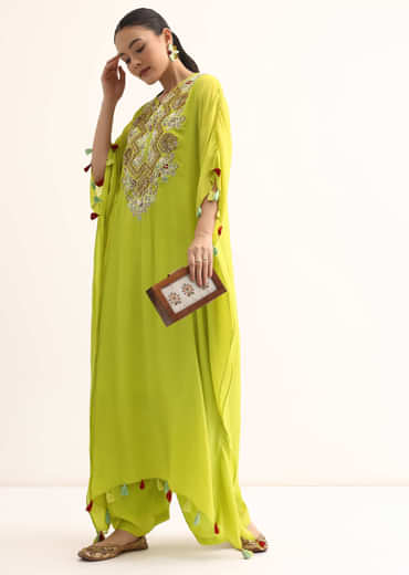 Green Embroidered Kaftan Kurta Set
