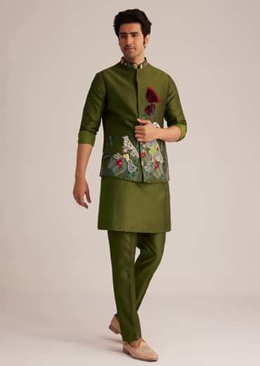 Green Embroidered Nehru Jacket With Bird Detailing
