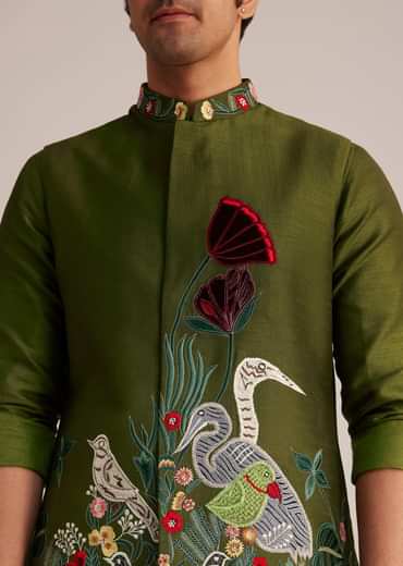 Green Embroidered Nehru Jacket With Bird Detailing