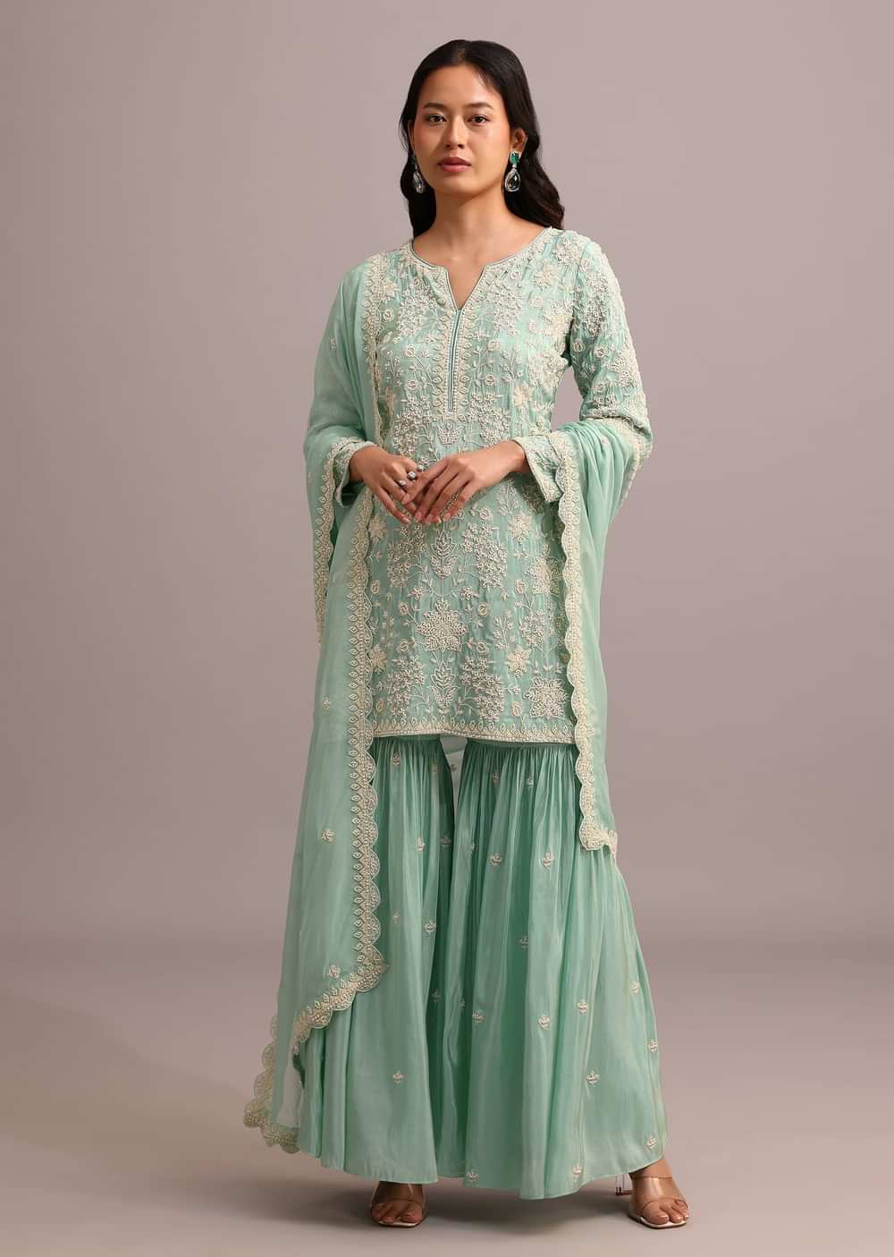 Green Embroidered Sharara Set With Butti Work On Organza Dupatta