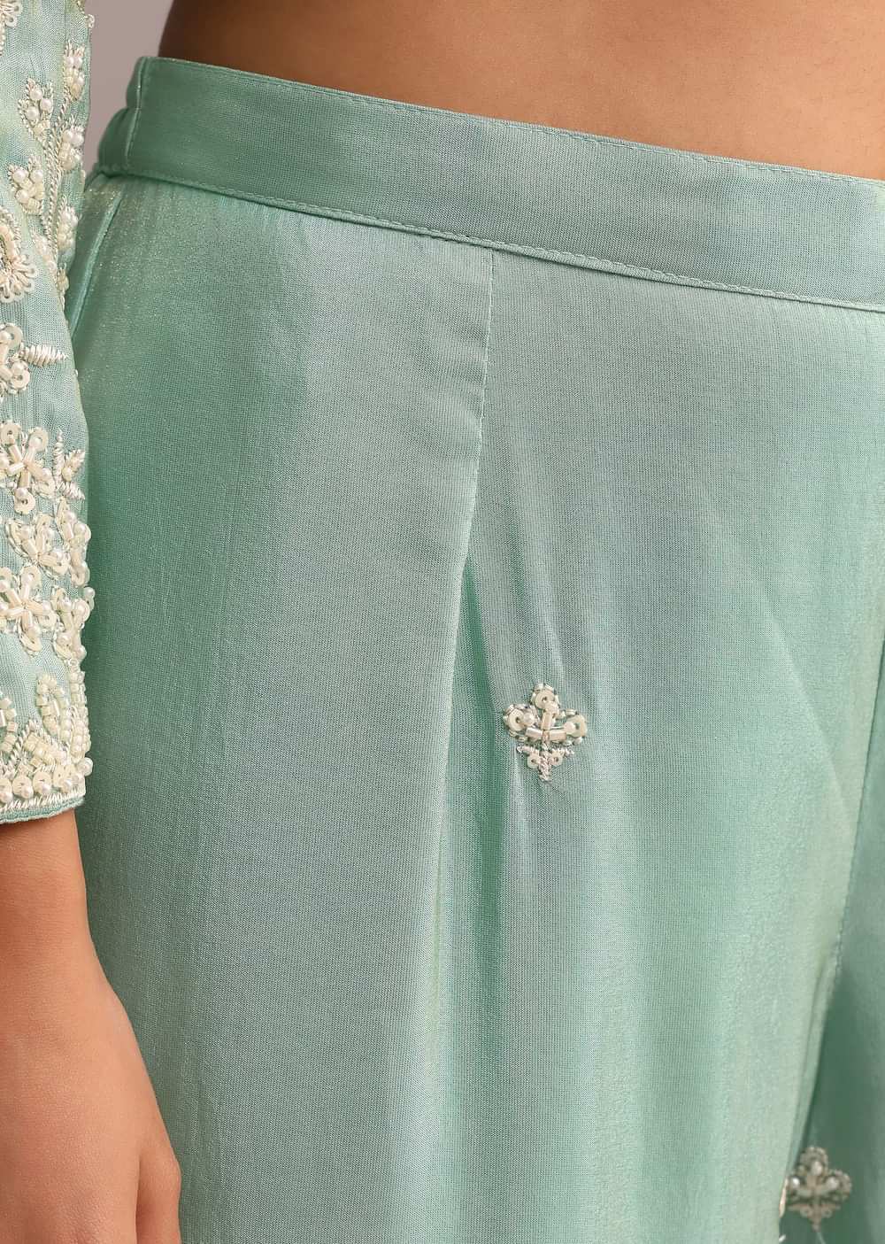 Green Embroidered Sharara Set With Butti Work On Organza Dupatta