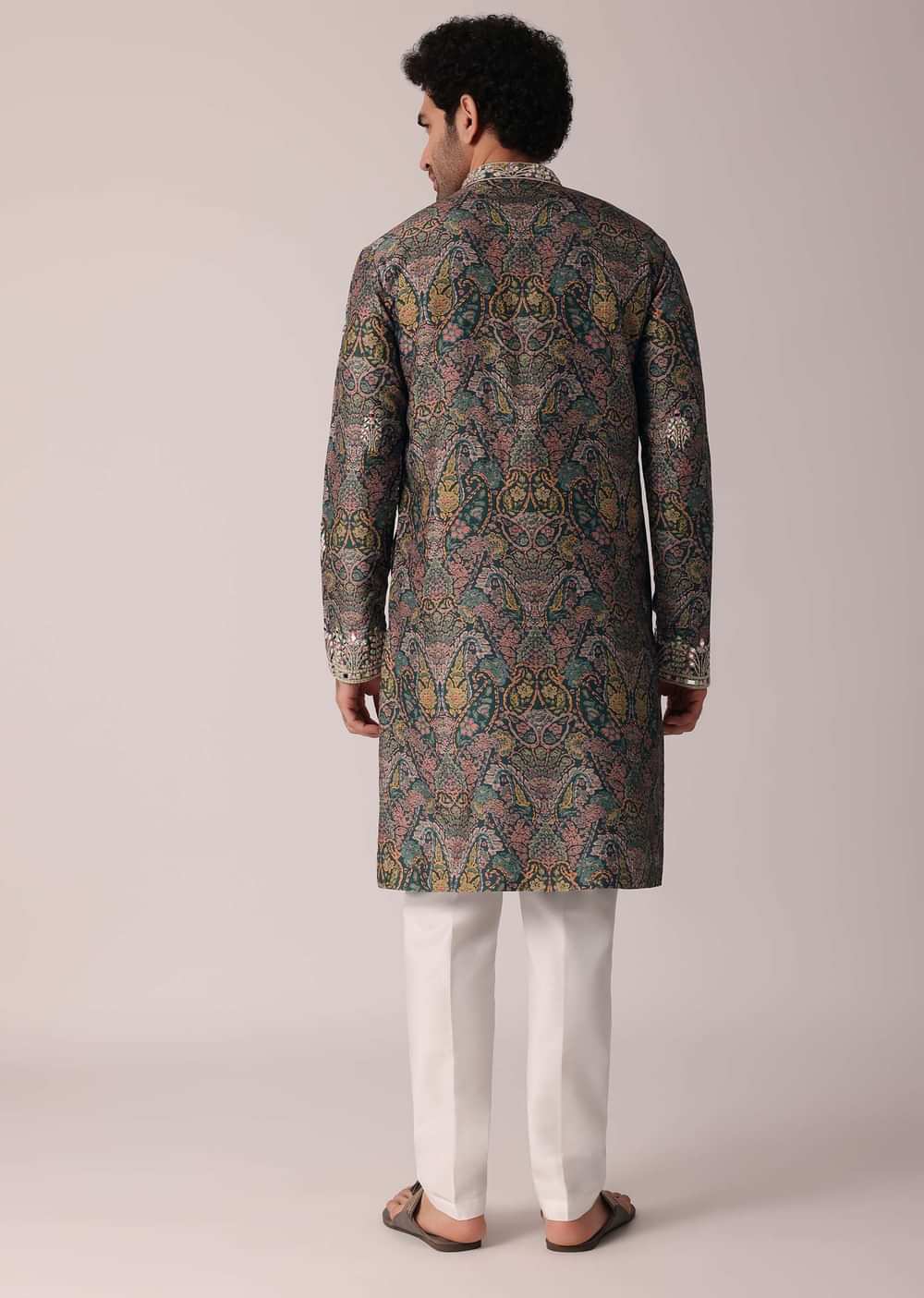 Green Festive Floral Printed Silk Kurta Set For Men