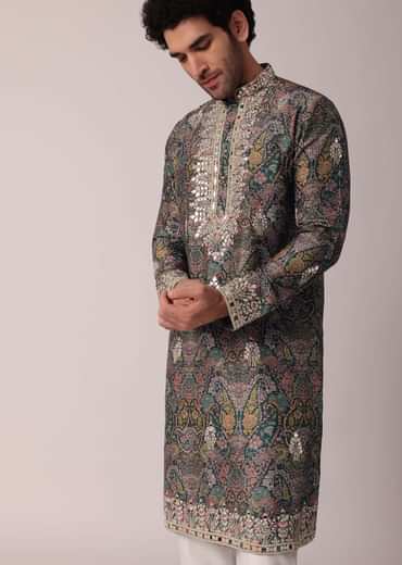 Green Festive Floral Printed Silk Kurta Set For Men