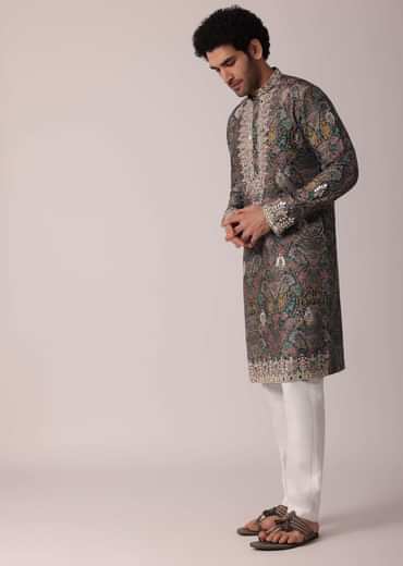 Green Festive Floral Printed Silk Kurta Set For Men