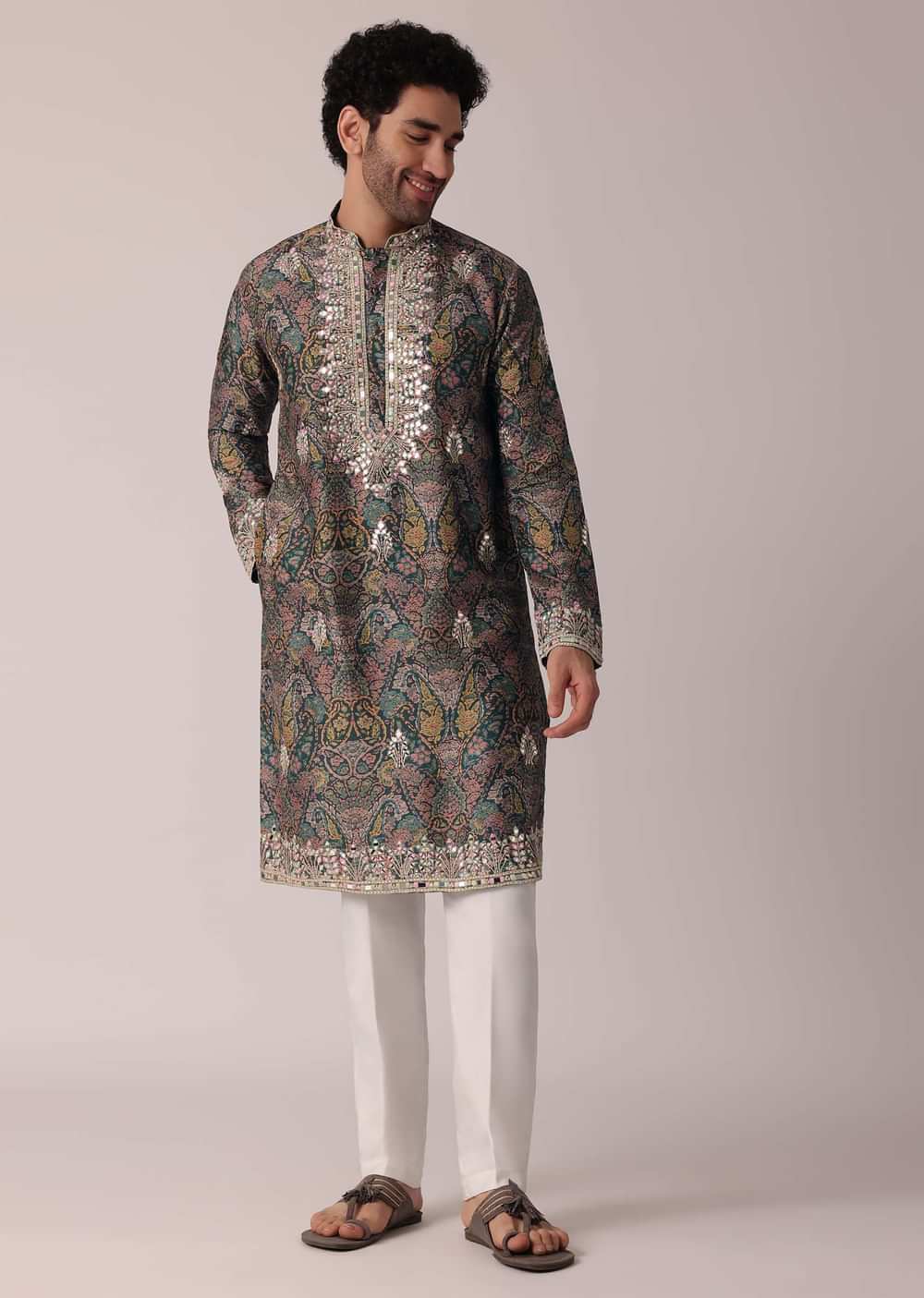 Green Festive Floral Printed Silk Kurta Set For Men