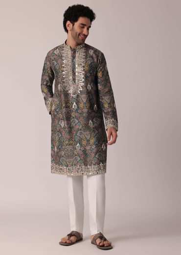 Green Festive Floral Printed Silk Kurta Set For Men