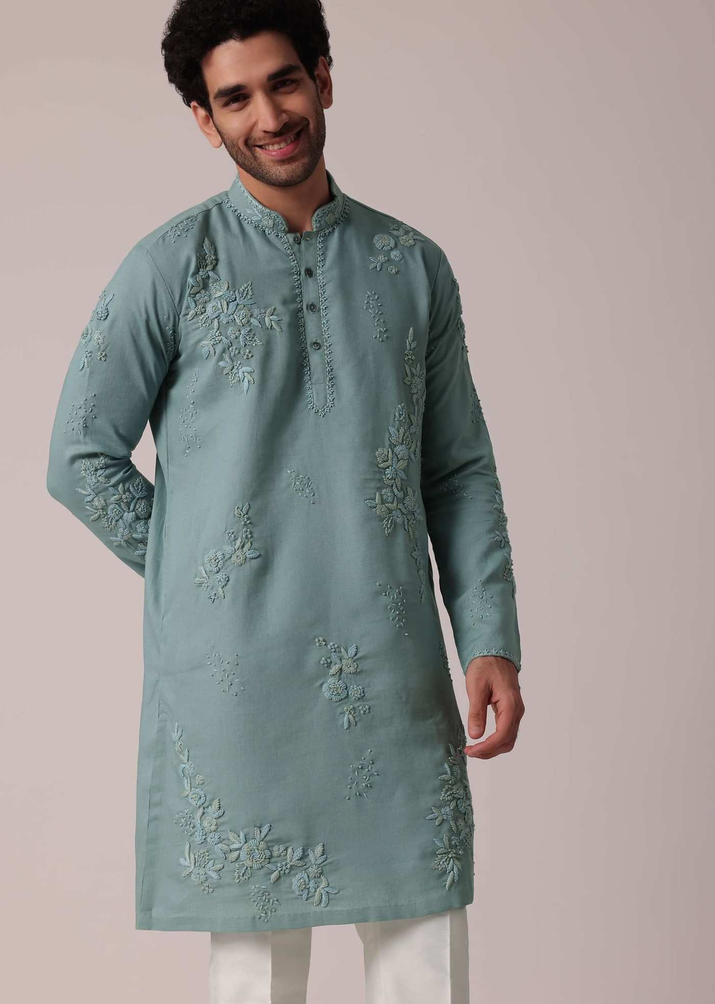 Green Linen Kurta Set For Festive