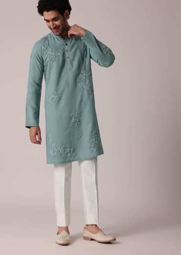Green Linen Kurta Set For Festive