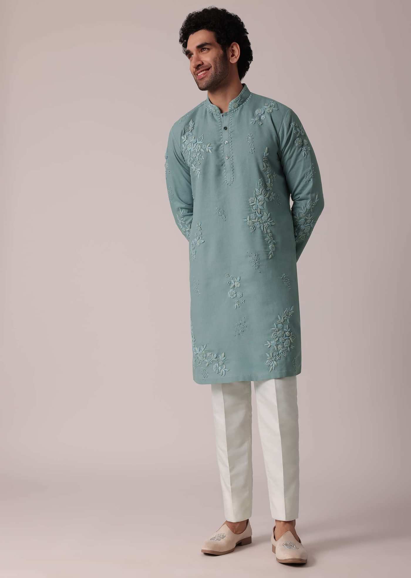 Green Linen Kurta Set For Festive
