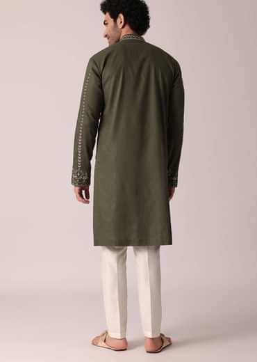 Green Festive Linen Kurta Set For Men