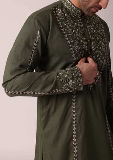 Green Festive Linen Kurta Set For Men