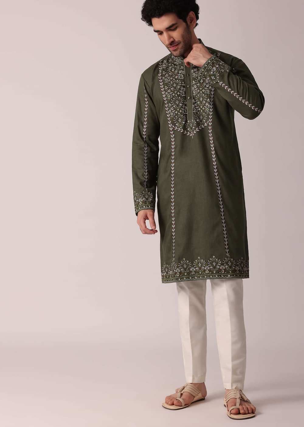 Green Festive Linen Kurta Set For Men