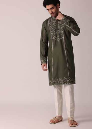 Green Festive Linen Kurta Set For Men