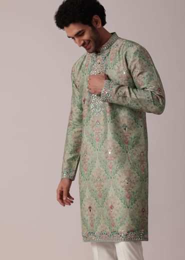 Green Festive Silk Kurta Set For Men