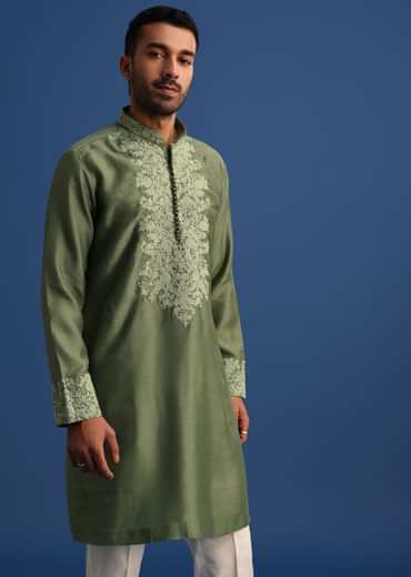 Green Floral Embroidered Kurta Set With Resham Work