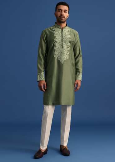 Green Floral Embroidered Kurta Set With Resham Work