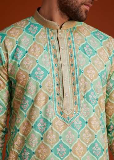 Green Floral Geometric Printed Kurta Pajama Set