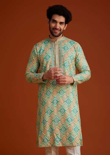 Green Floral Geometric Printed Kurta Pajama Set
