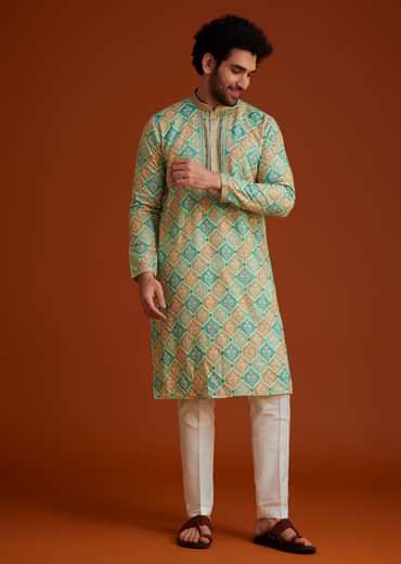 Green Floral Geometric Printed Kurta Pajama Set
