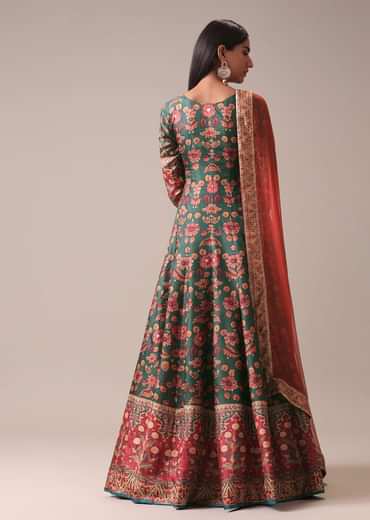 Green Floral Printed Anarkali Suit Set In Silk