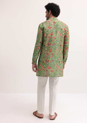 Green Floral Printed Silk Short Kurta Set For Men