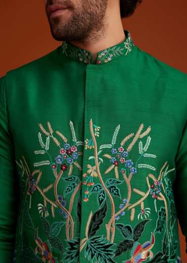 Green Floral Resham Embroidered Kurta Jacket Set