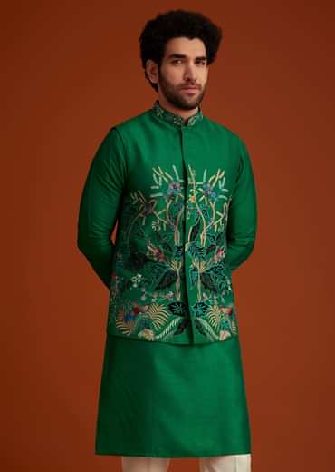 Green Floral Resham Embroidered Kurta Jacket Set