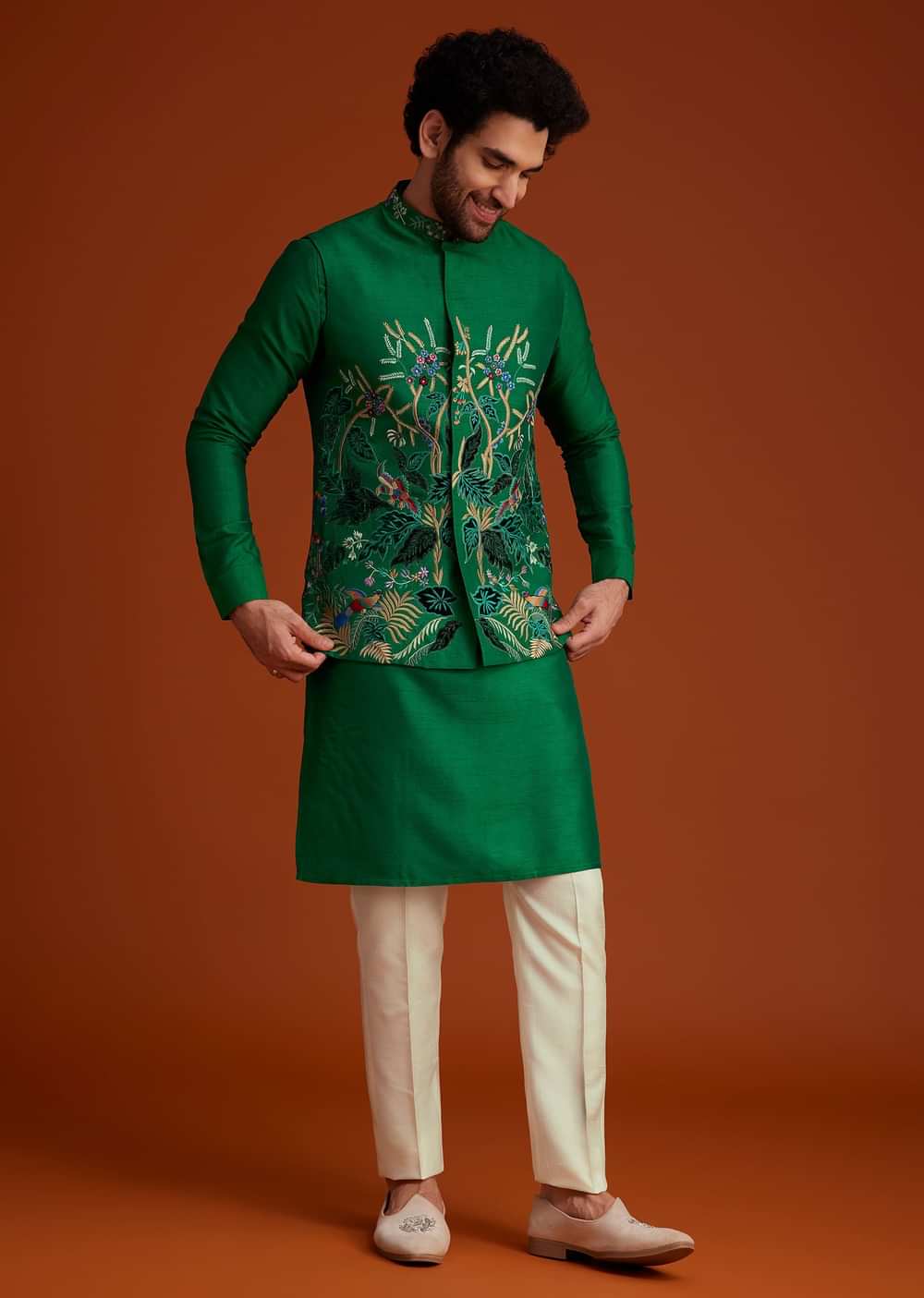 Green Floral Resham Embroidered Kurta Jacket Set