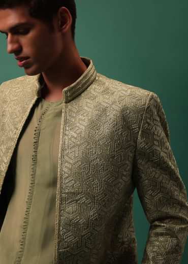 Green Foil Embroidered Jodhpuri Jacket Set With Detailed Organza Kurta