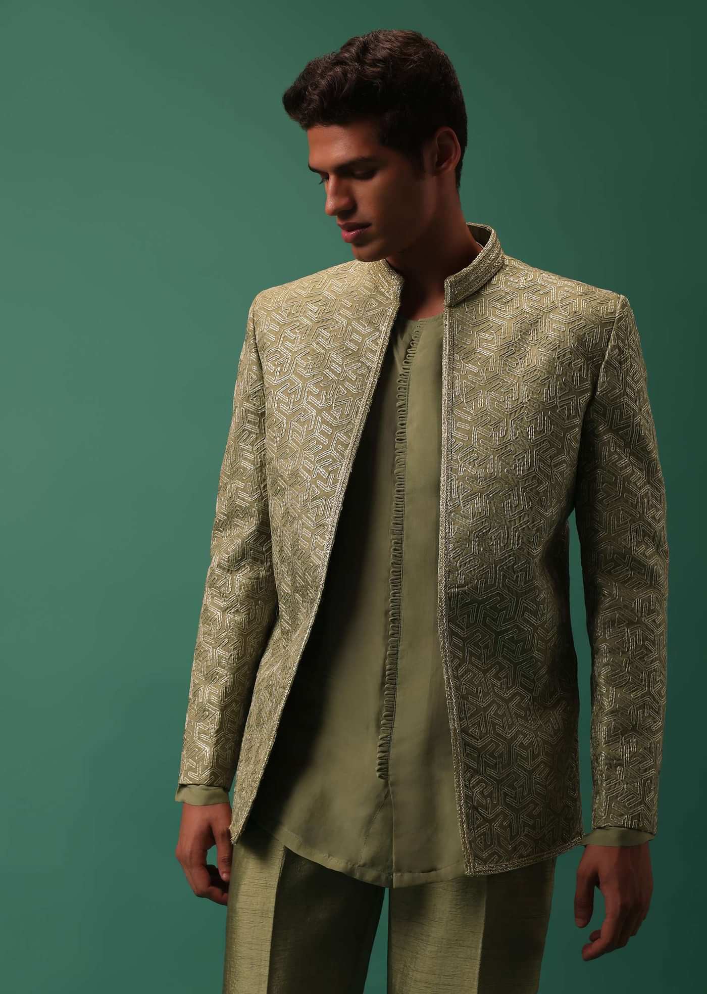 Green Foil Embroidered Jodhpuri Jacket Set With Detailed Organza Kurta
