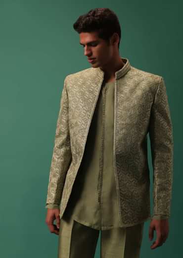 Green Foil Embroidered Jodhpuri Jacket Set With Detailed Organza Kurta