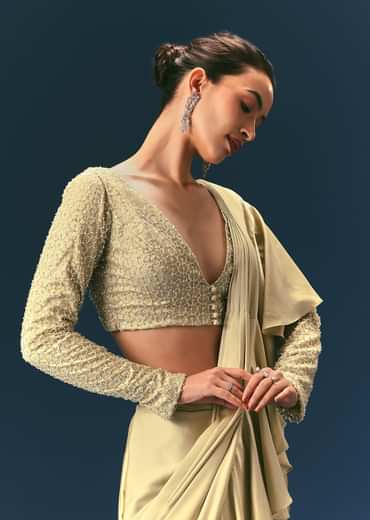 Green Frill Draped Saree With Embellished Blouse