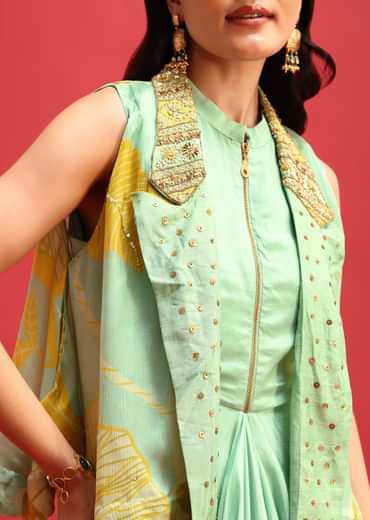 Green Gown With Embroidered Jacket