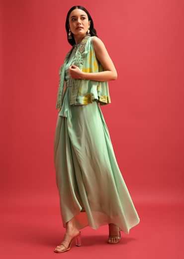 Green Gown With Embroidered Jacket