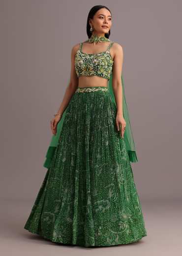 Green Hand Embroidered Choli With Bandhani Print Lehenga And Net Dupatta