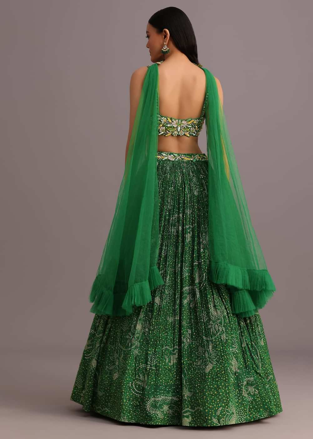 Green Hand Embroidered Choli With Bandhani Print Lehenga And Net Dupatta