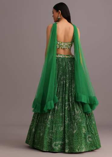 Green Hand Embroidered Choli With Bandhani Print Lehenga And Net Dupatta