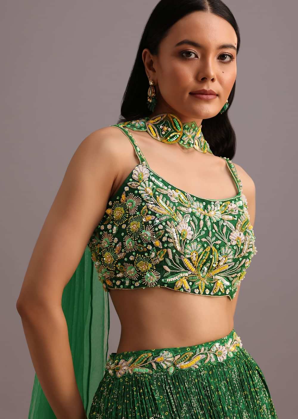 Green Hand Embroidered Choli With Bandhani Print Lehenga And Net Dupatta