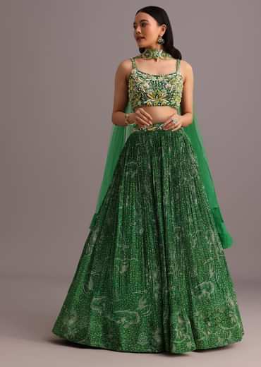 Green Hand Embroidered Choli With Bandhani Print Lehenga And Net Dupatta