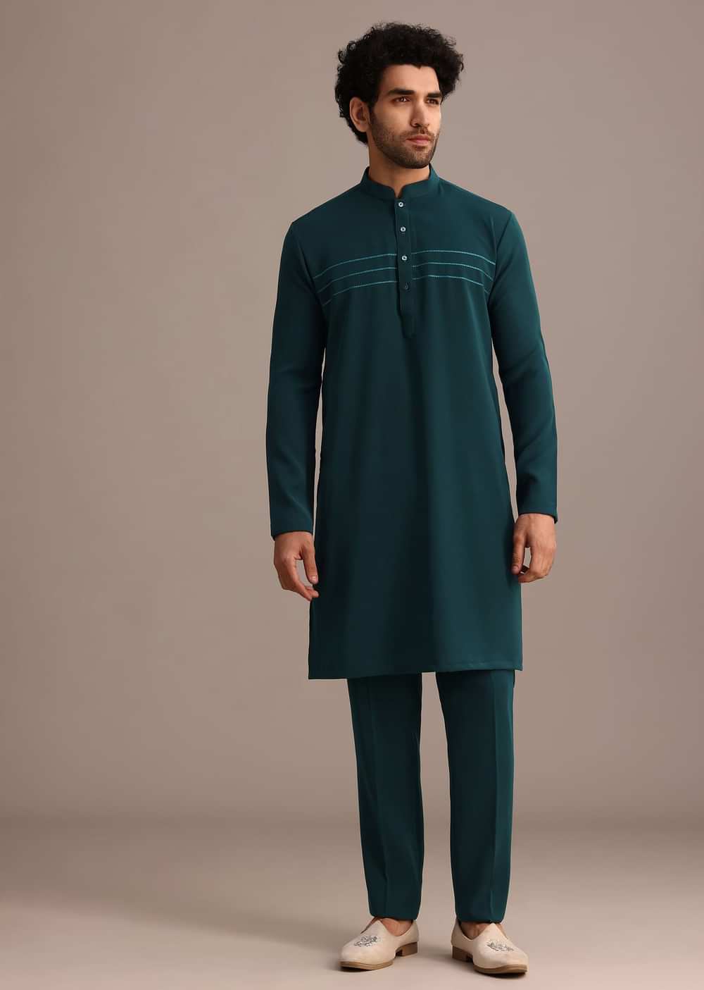 Green Hand Embroidered Indo Western Suit