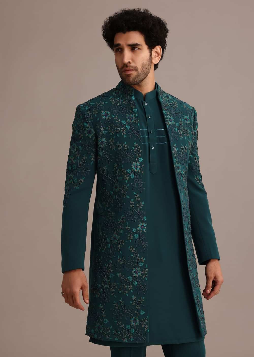 Green Hand Embroidered Indo Western Suit