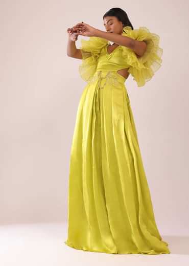 Sheen Green Jumpsuit With Ruffle Sleeves In Viscos Linen And Satin