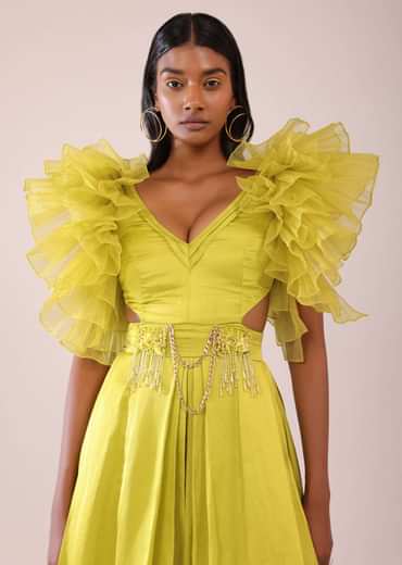 Sheen Green Jumpsuit With Ruffle Sleeves In Viscos Linen And Satin