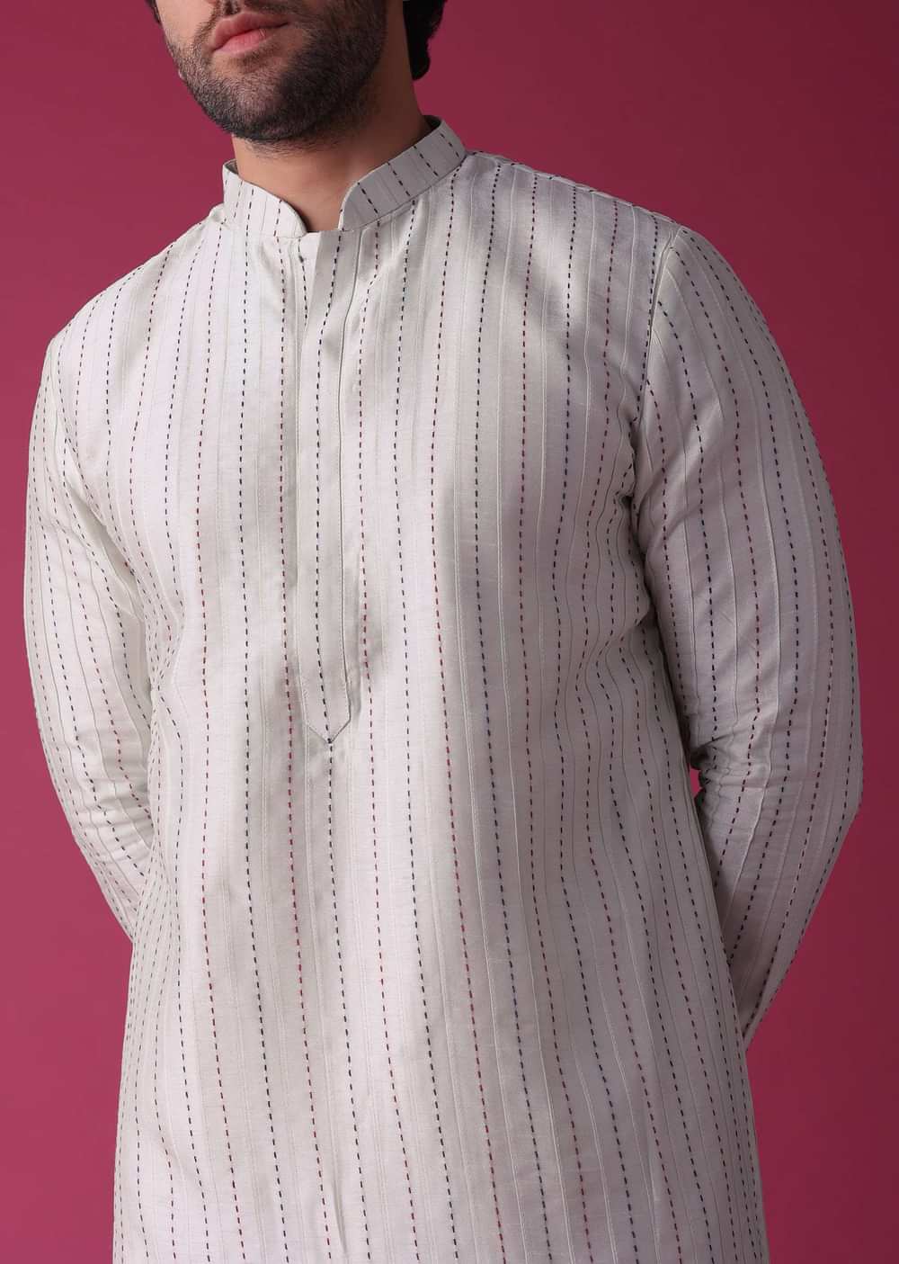 Green Jacket Kurta Set In Art Silk With Threadwork