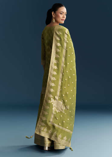 Green Jacquard Palazzo Suit With Banarasi Jacquard Weave