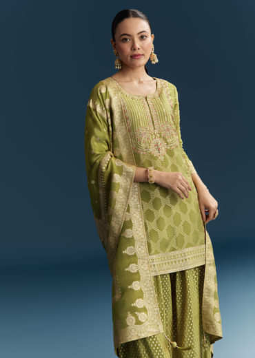 Green Jacquard Palazzo Suit With Banarasi Jacquard Weave