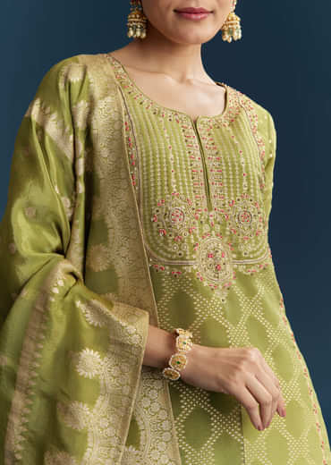 Green Jacquard Palazzo Suit With Banarasi Jacquard Weave