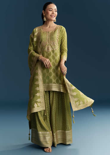 Green Jacquard Palazzo Suit With Banarasi Jacquard Weave