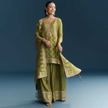 Green Jacquard Palazzo Suit With Banarasi Jacquard Weave