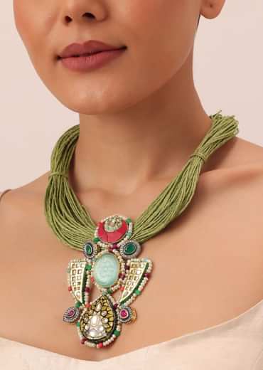 Green Jute Pendant Necklace With Studded Stones
